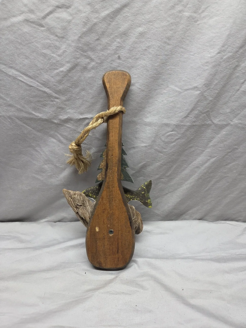 Handcrafted Driftwood Fish Ornament with Green Tree Accent